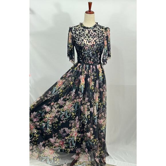 NEEDLE & THREAD Sz 8 UK 4 US Black Floral Beaded Long Maxi Dress Gown NWT - Picture 5 of 15